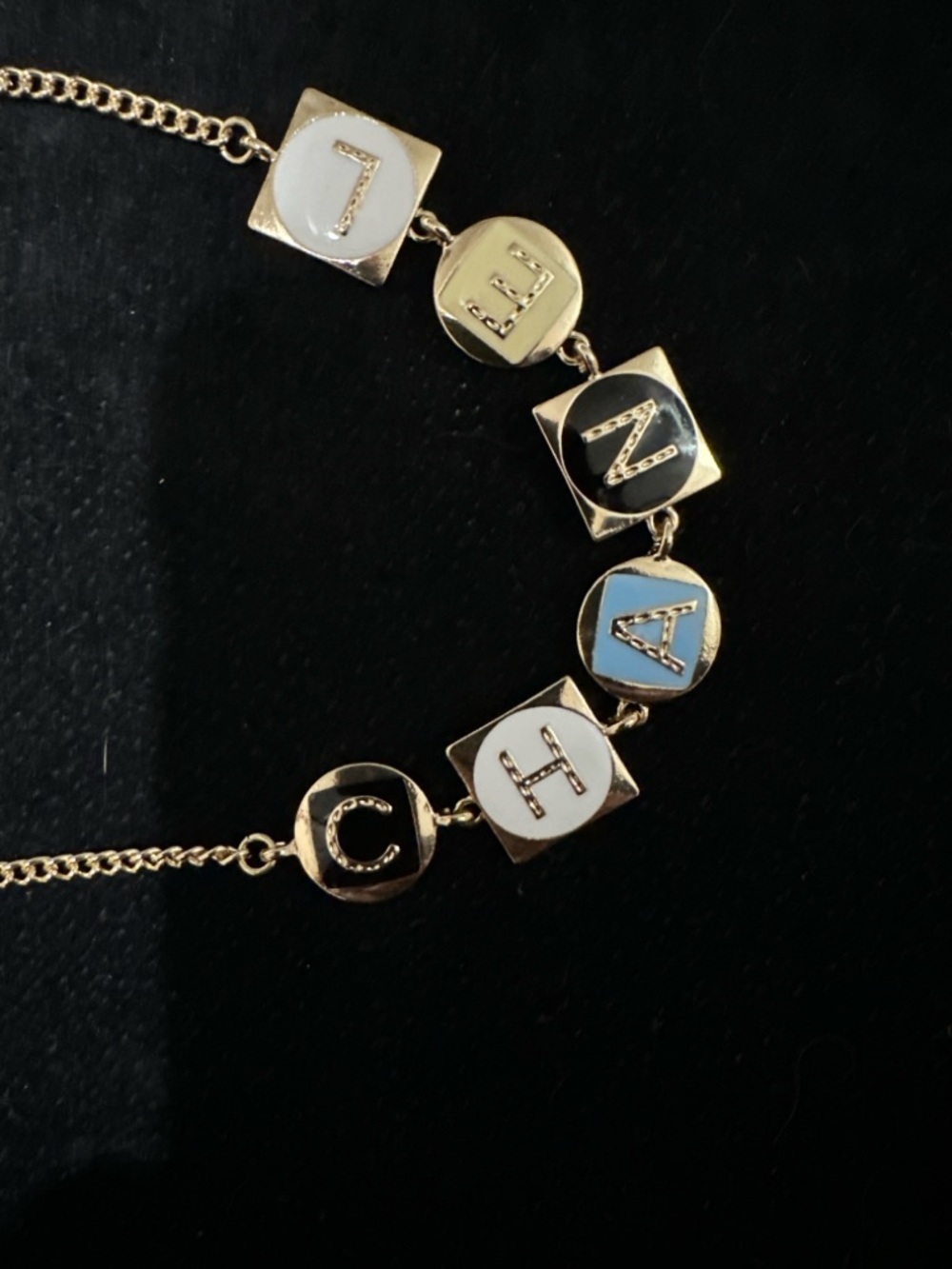 CHANEL Gold-Tone Letter Necklace with Blue, White, Black Inlays - Picture 8 of 8